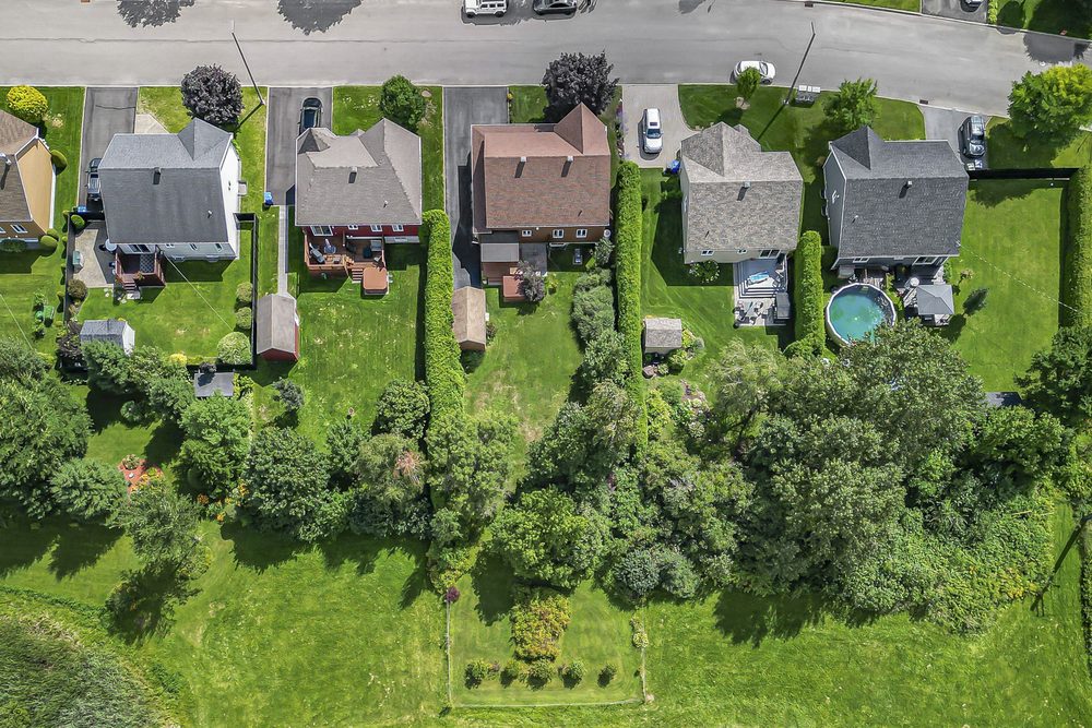 Overhead view of residential lots with backyards and cedar hedges