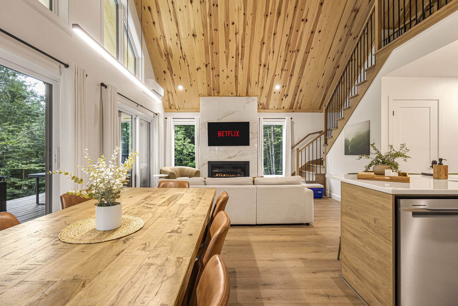 Salon et salle à manger, plafond cathédrale en bois